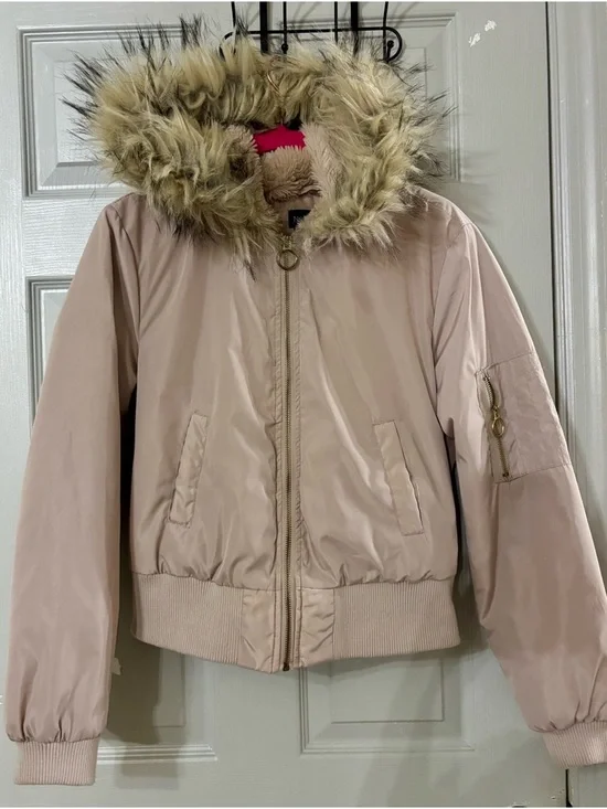 New Look Faux Fur Hood Bomber Jacket L Fits M Blush GorpCore Coat Y2K Beige - Picture 9 of 13